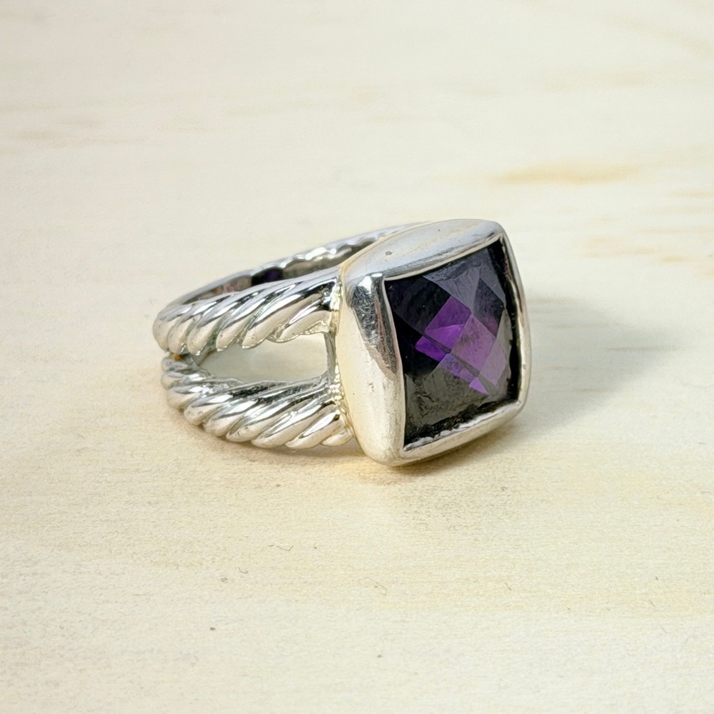 Sculptural Purple Amethyst Cushion-cut Square Ring Sterling Silver Cable Band 6